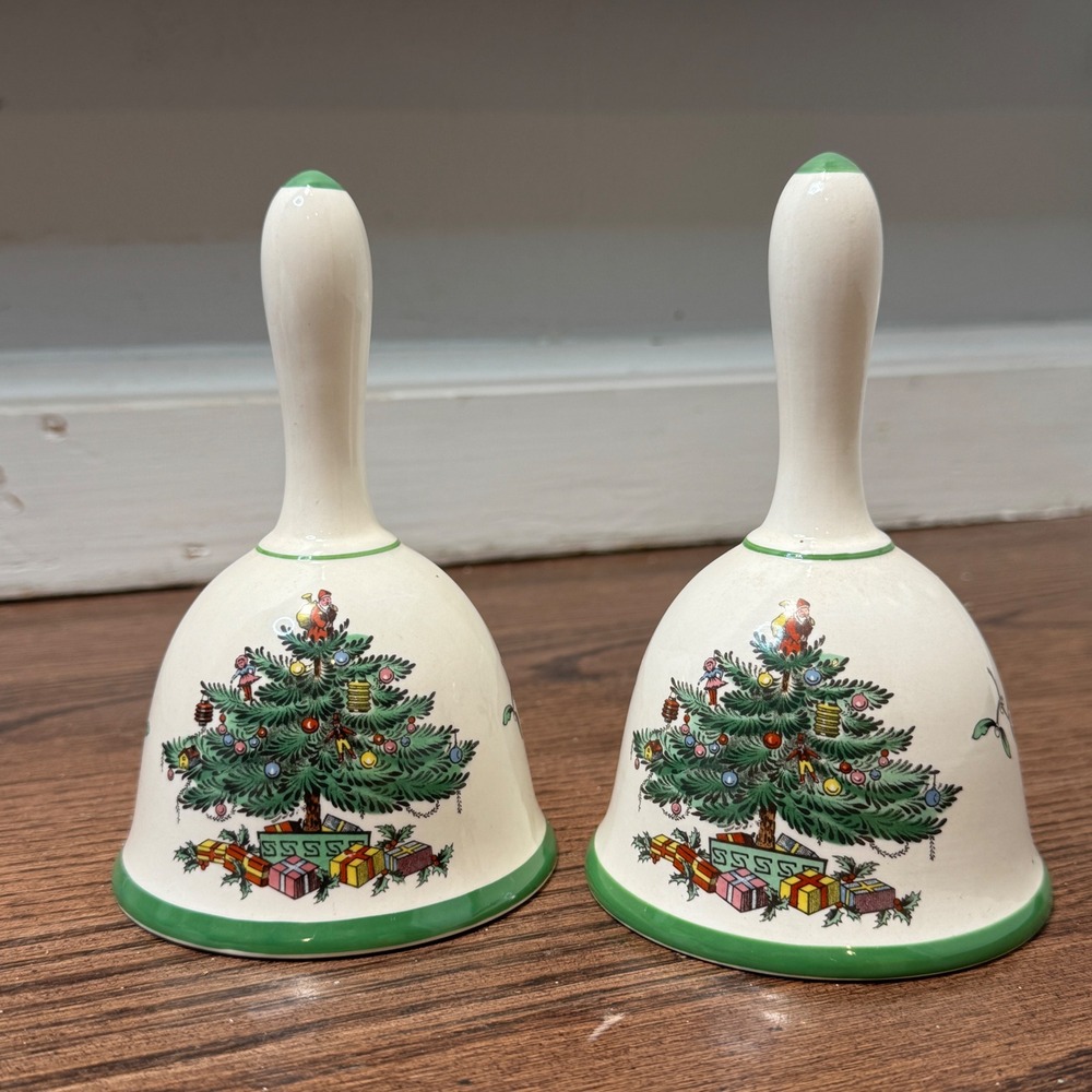 Vtg Spode England Christmas Tree Bell Set Of 2 Fine China Holiday Decor Size 5.5